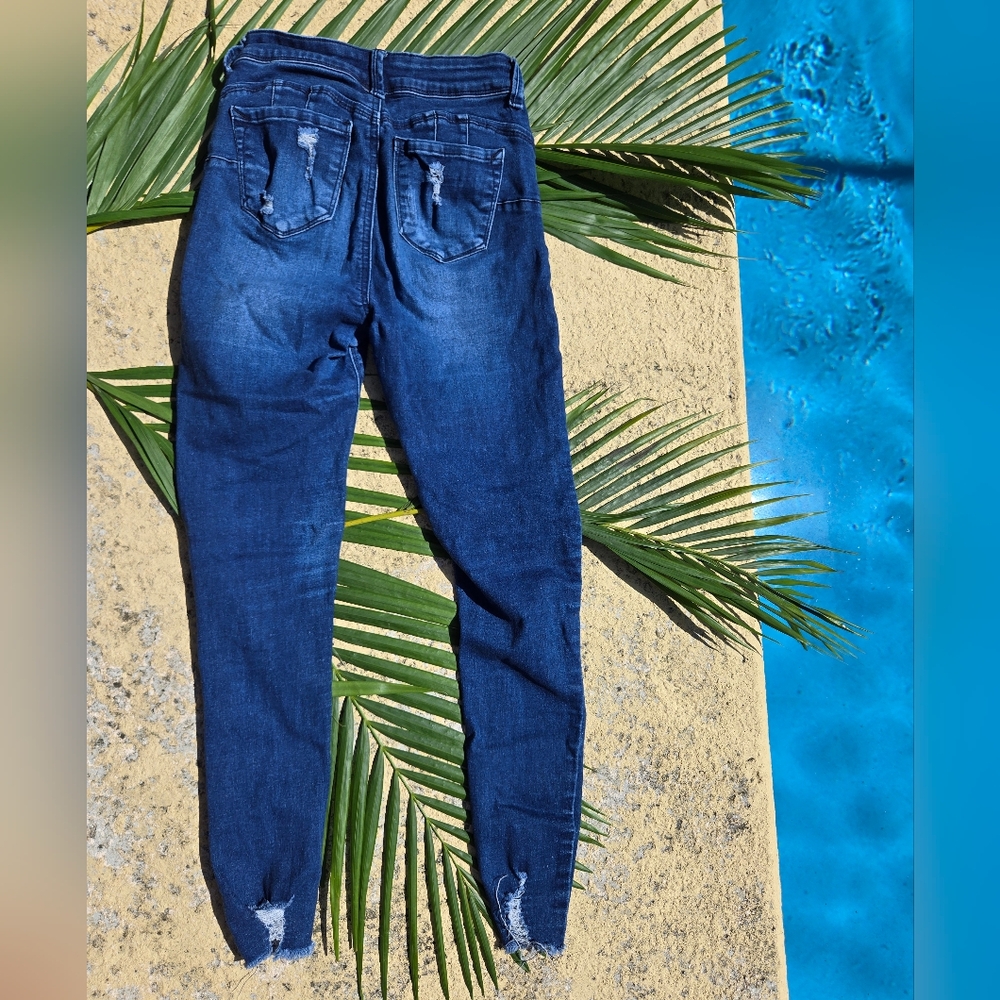 Wax Jean Dark Blue Distressed Skinny Jeans - Picture 3 of 3